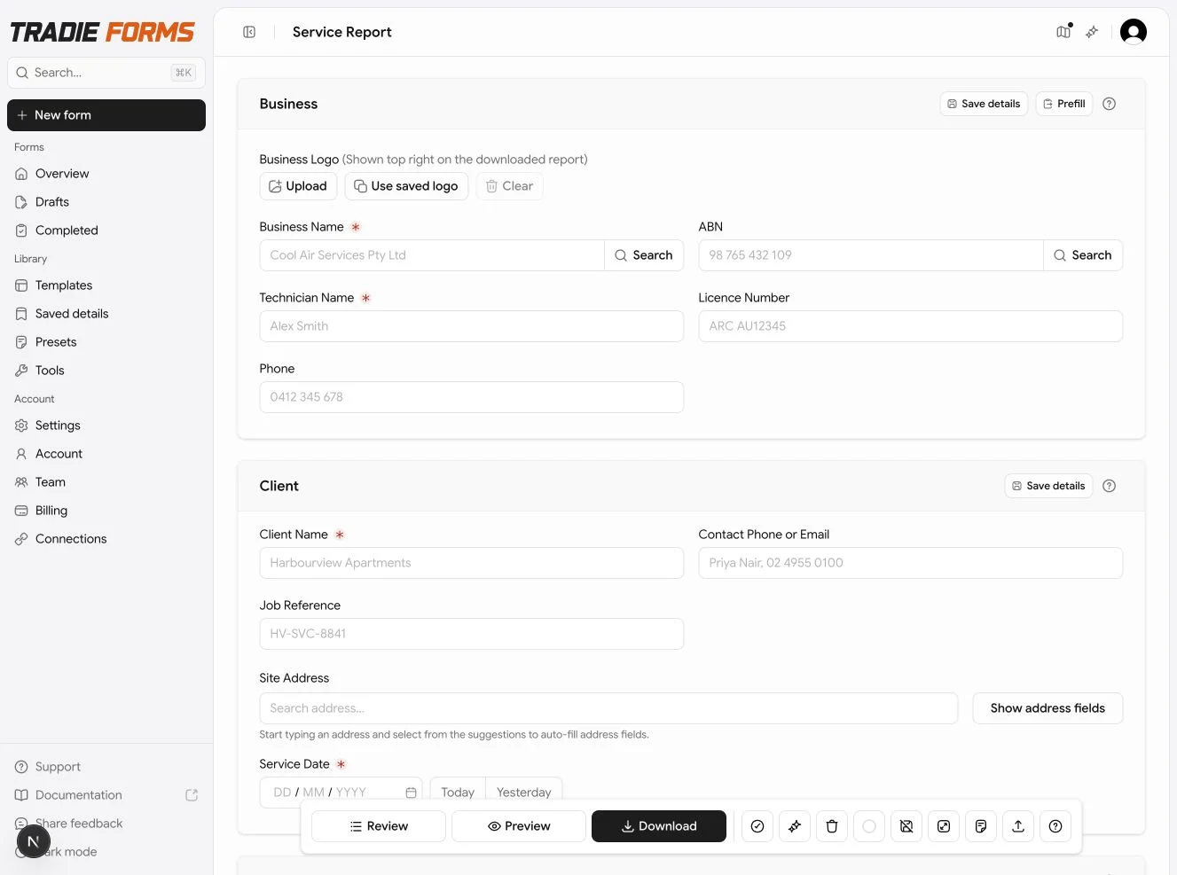Tradie Forms editor with Save for reuse and Prefill in the Business section header