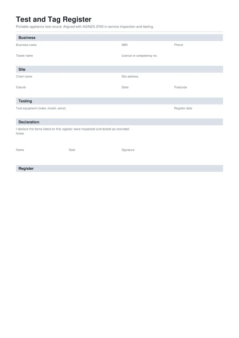 Test and Tag Register PDF preview