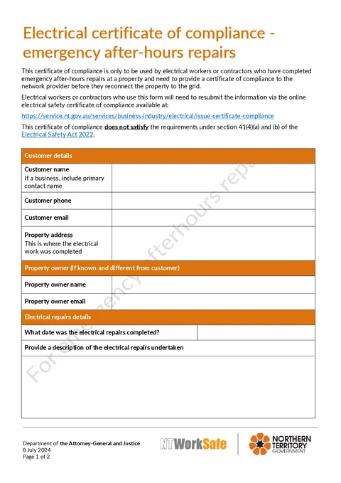 NT Emergency Repairs CoC PDF preview