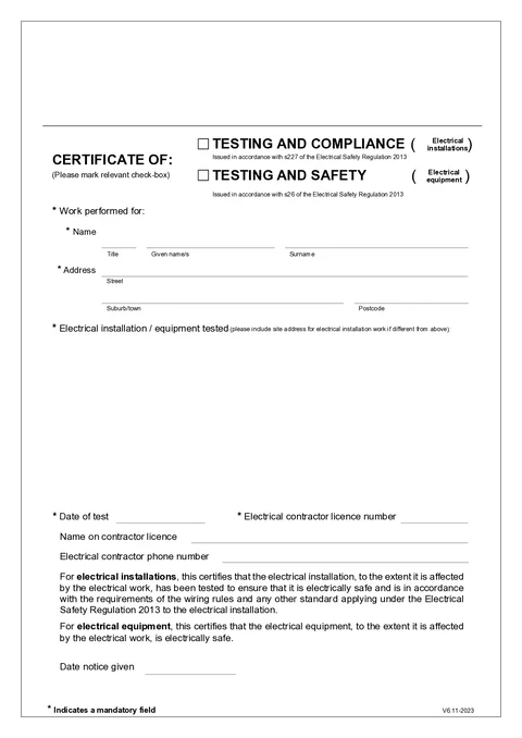 QLD electrical COTC form preview