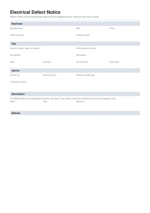 Defect Notice form preview