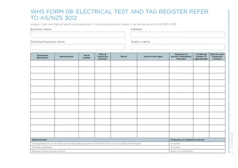 NSW WHS Test and Tag Register form preview